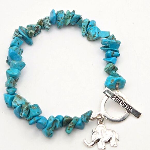 Turquoise Chip Stretch Bracelet with 925 Silver Elephant Charm and Toggle Clasp - Picture 2 of 5